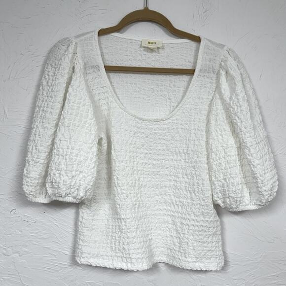 Anthropologie Maeve White Puff Sleeve Boho Blouse Womens L Peasant Crepe Shirt - Picture 1 of 9
